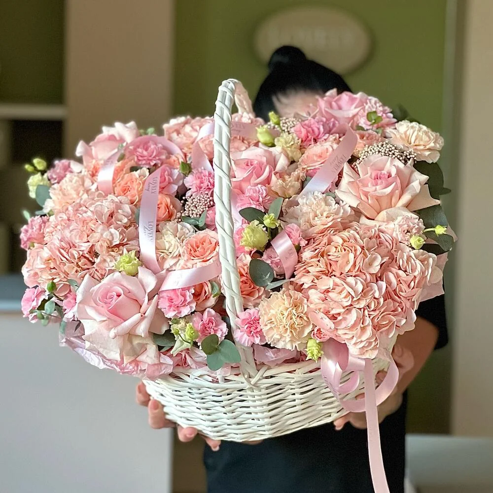 Корзина с розами и гортензиями
